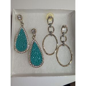Boho Dangle Earrings - Rhinestone Turquoise Teardrops & Mixed Metal Link Hoops